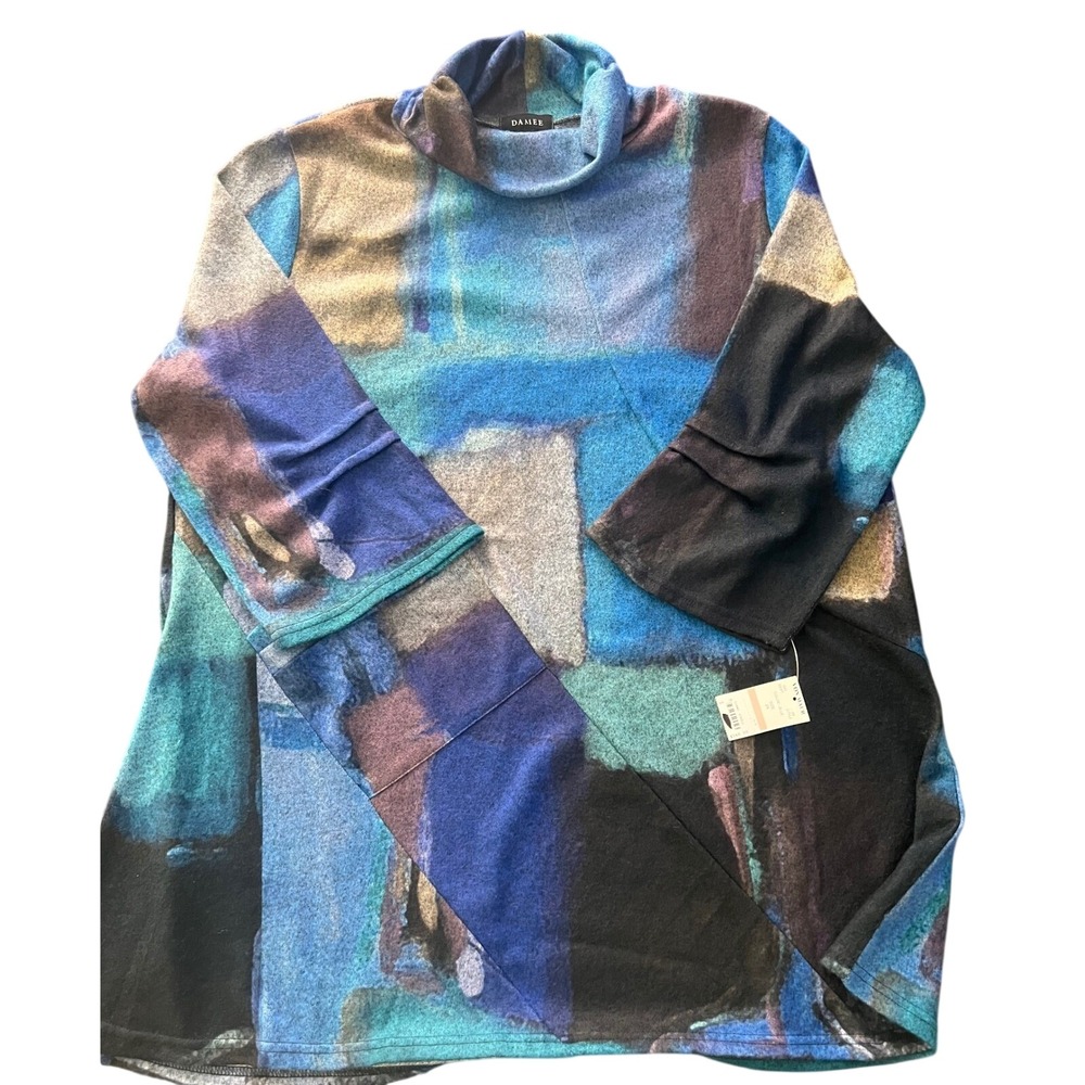 Damee Women 2X Abstract Print Cowl Neck Tunic Top Blue Geometric Pocket Sleeve